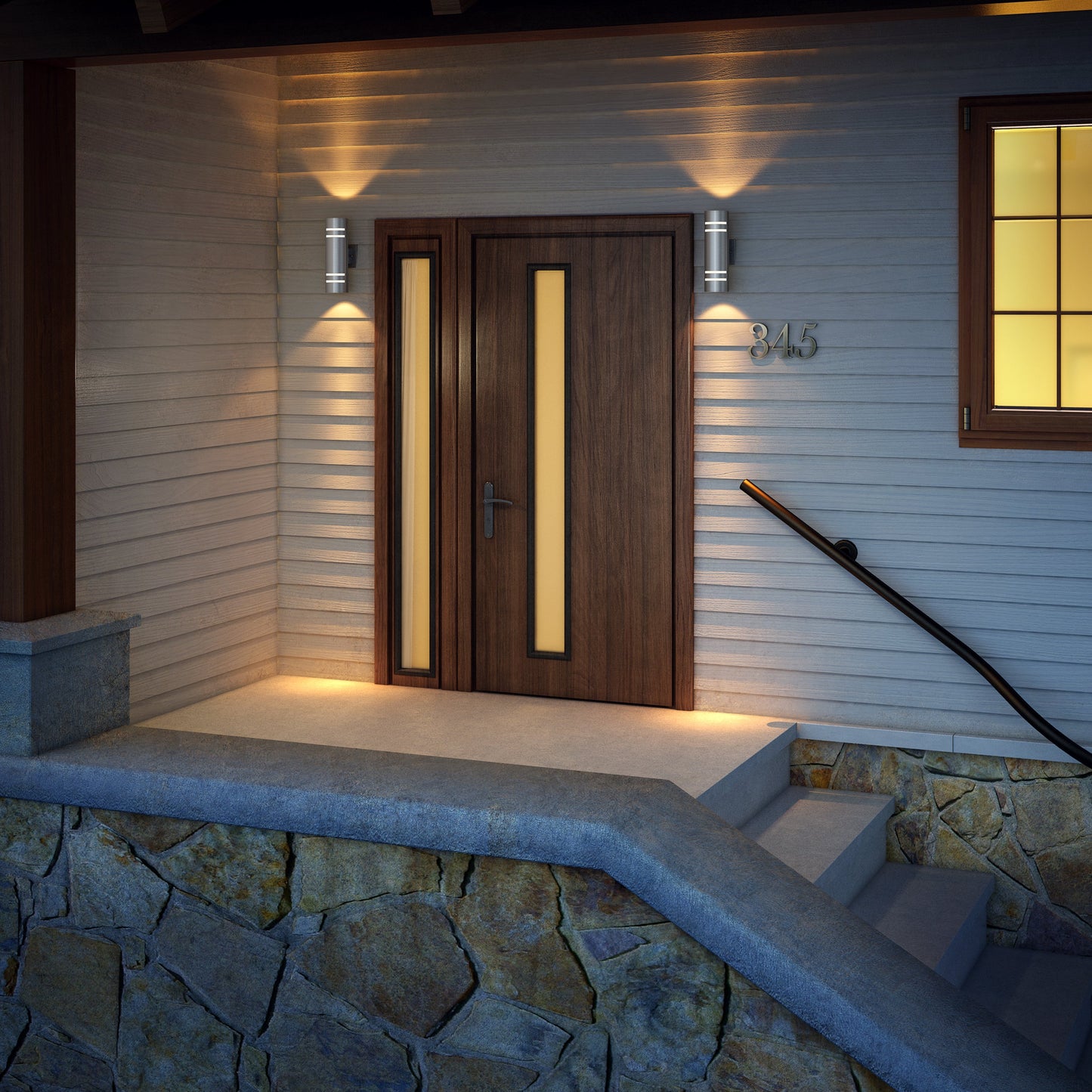 A modern front door with vertical glass panels is lit by Artika-CAN-devs Voltz indoor/outdoor wall light. The house number 845 is beside the entry, and Black M4 stone steps with a metal handrail lead up to the doorway.