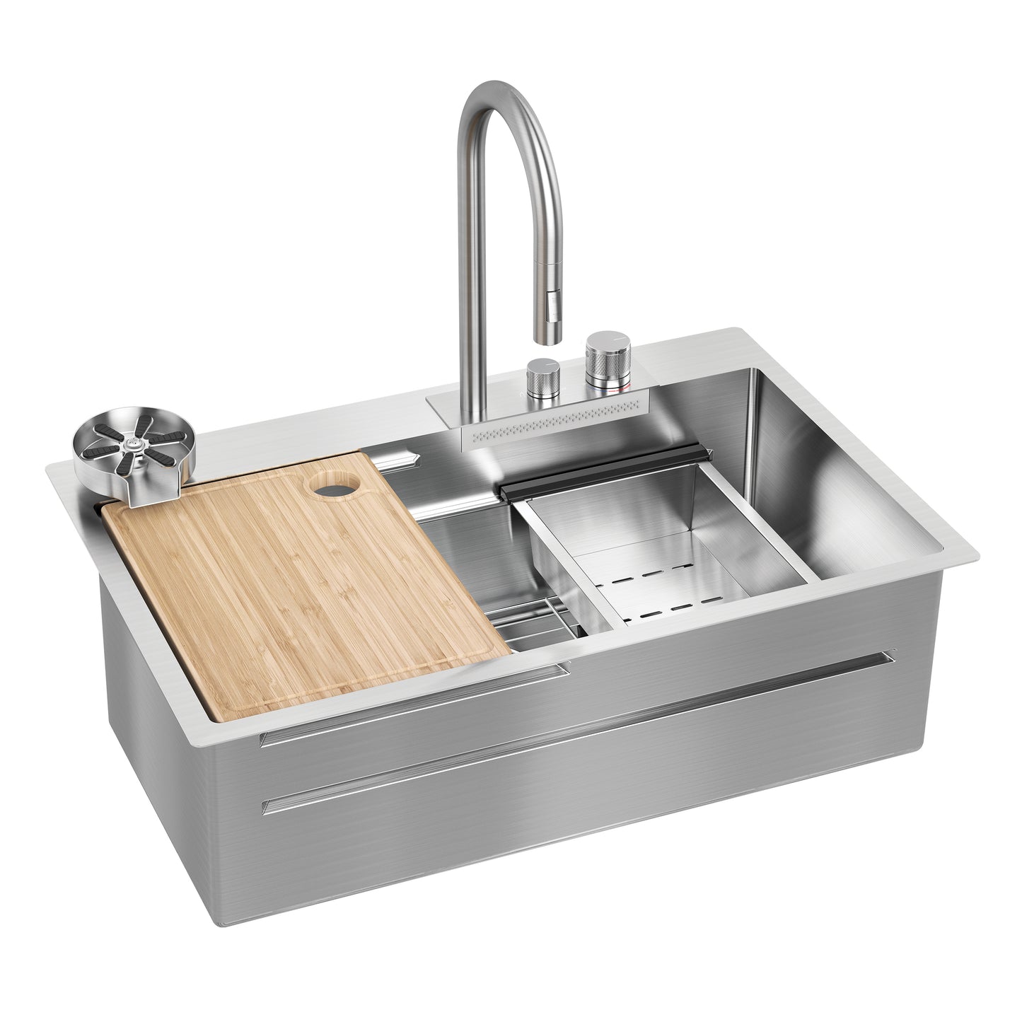 The Artika Neoflow single bowl stainless steel sink features a tall faucet, built-in soap dispensers, metal strainer, drying rack, and a wooden cutting board that partially covers the sink.