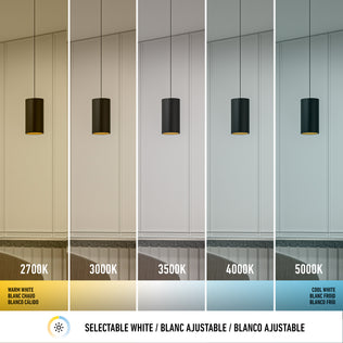 A comparison of the Artika Alton mini LED pendant light 5 CCT, showcasing five white color temperatures—2700K (warm), 3000K, 3500K, 4000K, and 5000K (cool)—and how each affects wall color tones.