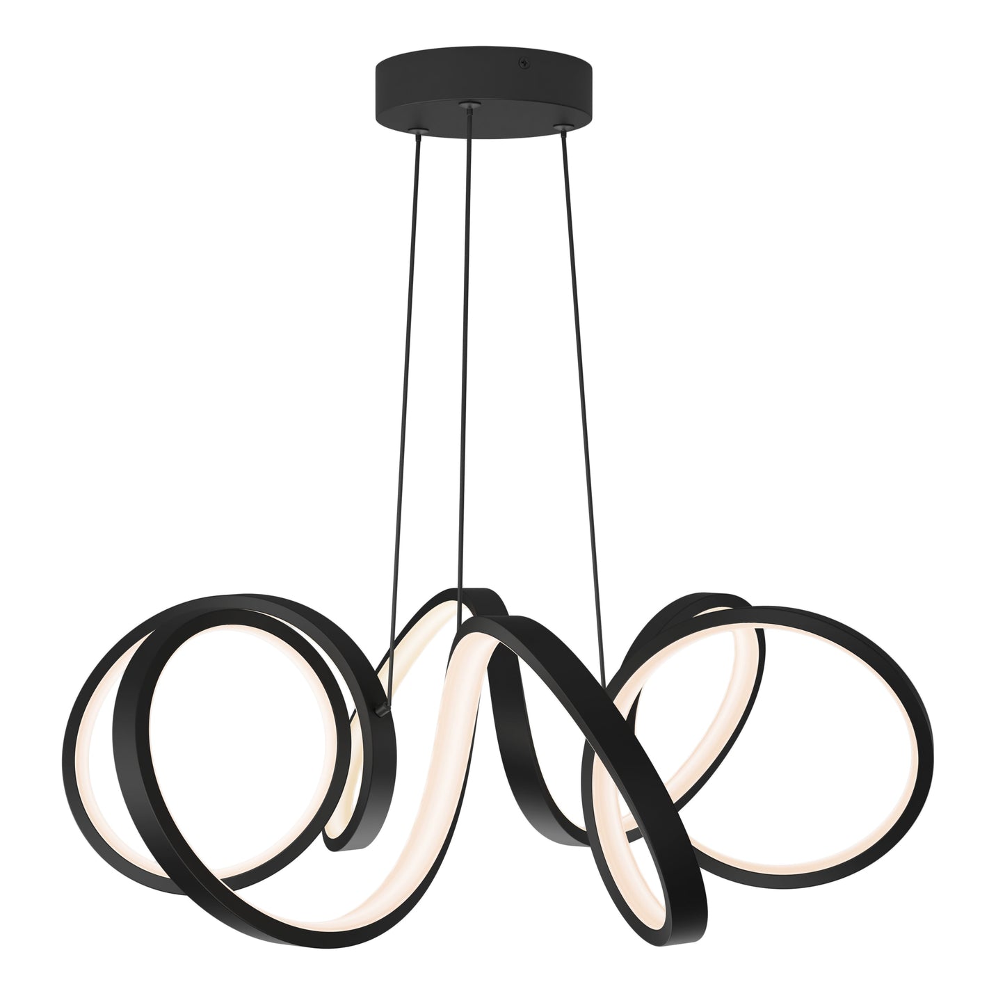 The Swirl Ribbon LED pendant light by Artika-CAN-dev features three intertwined, integrated LED loops in modern black, suspended by thin cords for a sculptural and artistic ceiling display.
