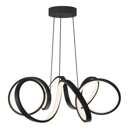 The Swirl Ribbon LED pendant light by Artika-CAN-dev features three intertwined, integrated LED loops in modern black, suspended by thin cords for a sculptural and artistic ceiling display.