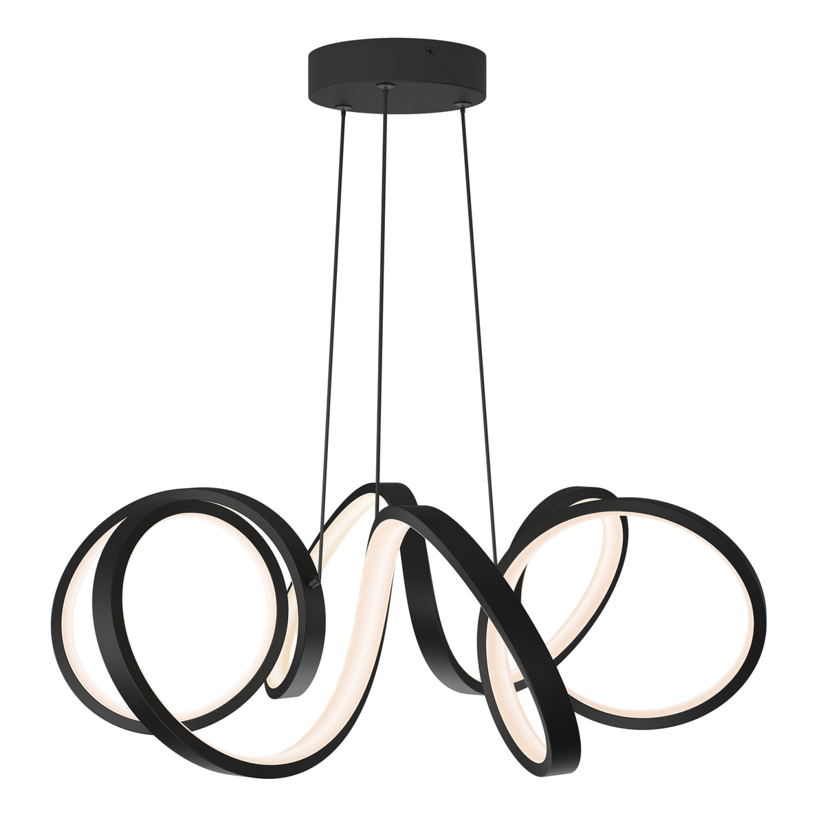 The Artika Swirl Ribbon LED pendant light features three intertwined black LED loops suspended from a round ceiling mount, emitting a soft white glow for a modern, sculptural look.