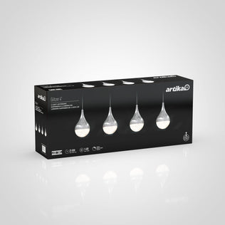 A black Artika Glitzer 4-light LED pendant box displays images of four teardrop-shaped fixtures with crystal accents on the front, set against a light gray background.