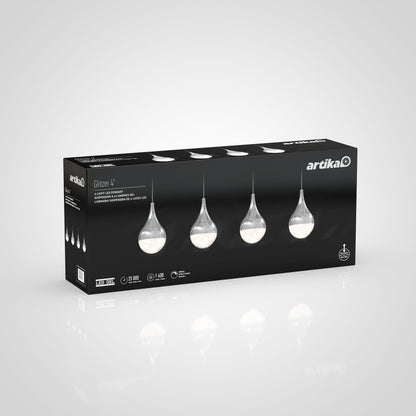 A black Artika Glitzer 4-light LED pendant box displays images of four teardrop-shaped fixtures with crystal accents on the front, set against a light gray background.