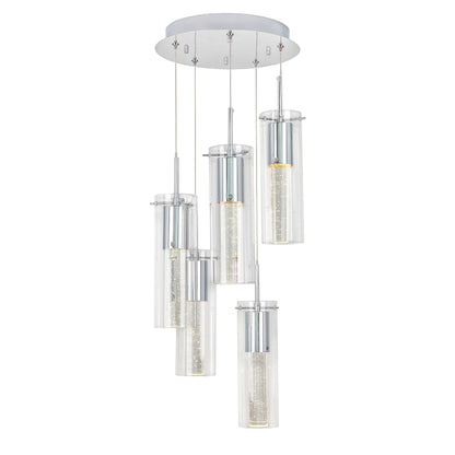 The Essence 5-light LED pendant by Artika features five cylindrical glass shades at varying heights on a round chrome plate, each with a textured inner section for a modern and elegant look.