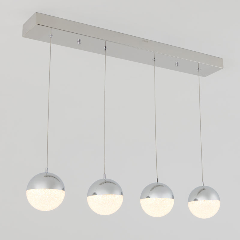 The Artika Sparkle 4-light LED pendant features four spherical, chrome-finished lights with frosted lower halves, arranged in a row on a rectangular metal base for a modern ceiling fixture.