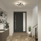 A modern entryway with a black front door, wooden steps, light wood flooring, two potted plants, framed art on the wall, and a contemporary ceiling light fixture. A staircase with a black railing is on the right.