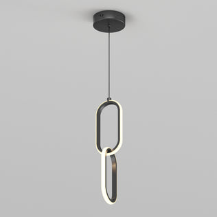 The Artika Catena LED pendant light features two interlocking oval LED rings, suspended by a black cord from a round black ceiling mount, shown against a plain gray background.