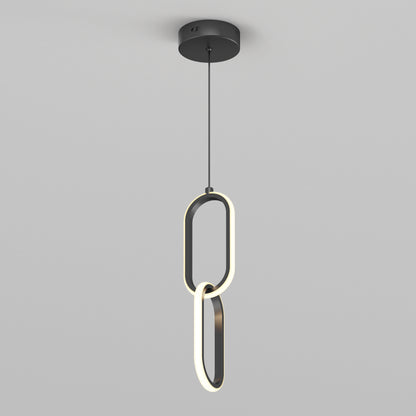 The Artika Catena LED pendant light features two interlocking oval LED rings, suspended by a black cord from a round black ceiling mount, shown against a plain gray background.