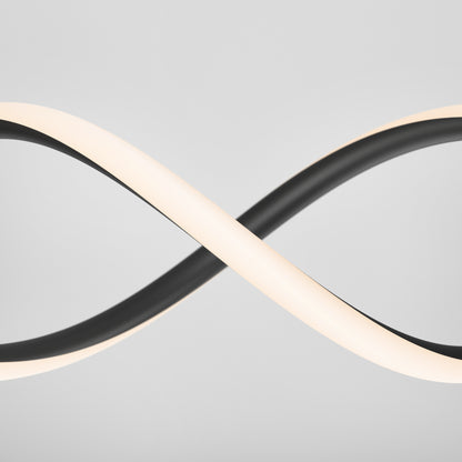 A close-up of two intertwined DNA Linear LED modern pendant lights by Artika, forming an abstract infinity symbol against a plain light gray background.