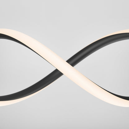 The Artika-CAN-dev DNA Linear LED modern pendant light features an infinity-inspired design with integrated LEDs creating a luminous white surface, contrasting with its bold black underside, set against a simple light gray background.