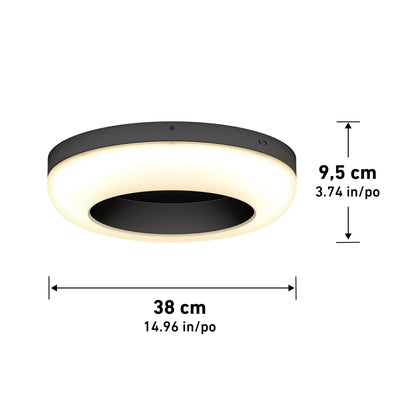 The Artika-CAN-dev Louka 15 in. modern LED flush mount light features a round black design with a glowing white ring, adjustable white hues, and measures 15 in. (38 cm) diameter, 3.74 in. (9.5 cm) height—dimensions labeled with arrows.