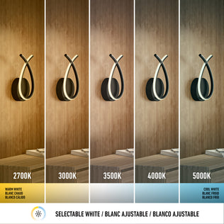 Artika’s Gamma modern LED wall sconce 5 CCT displays five white light temperatures (2700K–5000K) on a wood wall, from warm to cool. Text below explains selectable white in English, French, and Spanish.