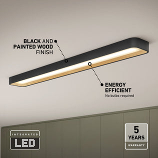 Artika Alton 48 in. x 6 in. Modern Ceiling Light 5 CCT: a 48-inch LED flush mount with a black frame, wood-look center, and five-year warranty.