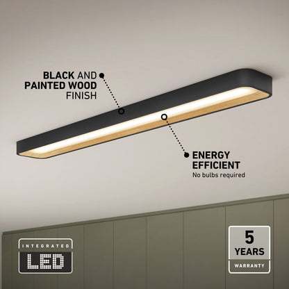 Artika Alton 48 in. x 6 in. Modern Ceiling Light 5 CCT: a 48-inch LED flush mount with a black frame, wood-look center, and five-year warranty.