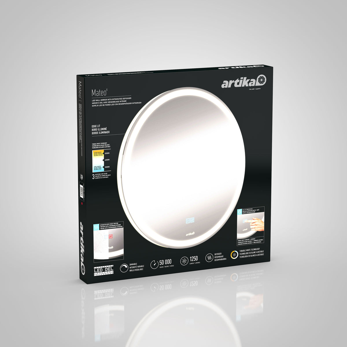 A black box packaging for an Artika Mateo LED ceiling light, featuring a large image of the round white fixture and details about brightness, wattage, lifespan, and installation on the front.