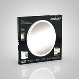 A black box packaging for an Artika Mateo LED ceiling light, featuring a large image of the round white fixture and details about brightness, wattage, lifespan, and installation on the front.