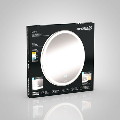 Artika Mateo 28 in. LED mirror features 3 CCT settings and a defogger. Packaged in black with product details and icons for energy efficiency, adjustable color temperature, and a 50,000-hour lifespan.