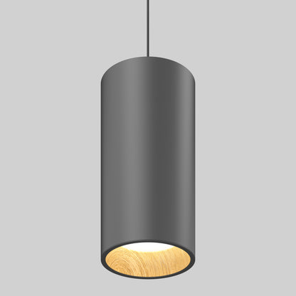 The Alton mini LED pendant light 5 CCT by Artika features a modern cylindrical design with a matte dark gray exterior and light wood-textured interior, suspended from a slim black cord against a plain gray background.
