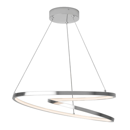 The Artika Salto LED pendant light features a modern spiral design with a sleek chrome finish, suspended by three thin cables—perfect for contemporary interior spaces.
