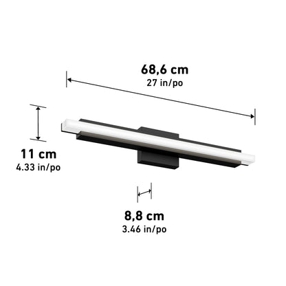 The Ophelia modern LED bathroom vanity light 5 CCT by Artika features a rectangular horizontal bar design in black and white, measuring 68.6 cm (27 in) wide, 11 cm (4.33 in) tall, and 8.8 cm (3.46 in) deep.