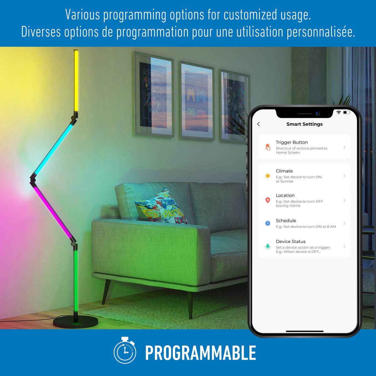 A modern living room with a color-changing LED floor lamp beside a sofa, illuminating the wall in green and yellow. A smartphone displays smart lighting settings. Text above reads, “Various programming options for customized usage.”.
