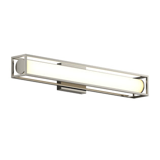 The Venicia LED Wall Sconce by Artika features a modern, wall-mounted design with a rectangular metal frame and a horizontal frosted glass tube that emits soft white light.