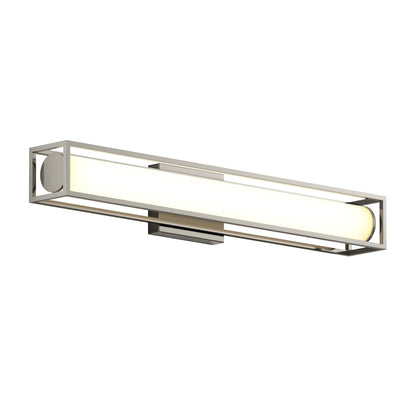 The Venicia LED Wall Sconce by Artika features a modern, wall-mounted design with a rectangular metal frame and a horizontal frosted glass tube that emits soft white light.