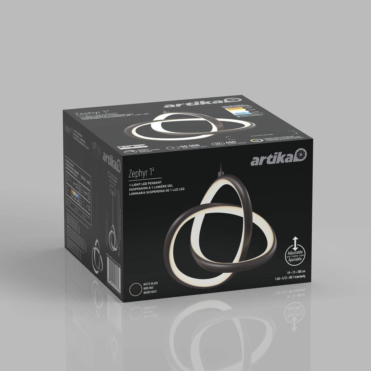 A black box labeled Artika Zephyr LED pendant features white geometric patterns, product images, and highlights the modern LED light’s features and specs on a gray background.