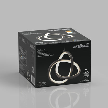 A black box labeled Artika Zephyr LED pendant features white geometric patterns, product images, and highlights the modern LED light’s features and specs on a gray background.