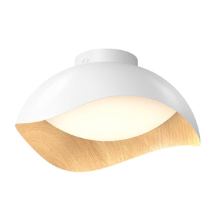 Adara 15 in. (38 cm) Modern LED Flush Mount Ceiling Light 5 CCT, a dimmable, dome-shaped fixture with a white exterior and wood-grain interior finish.