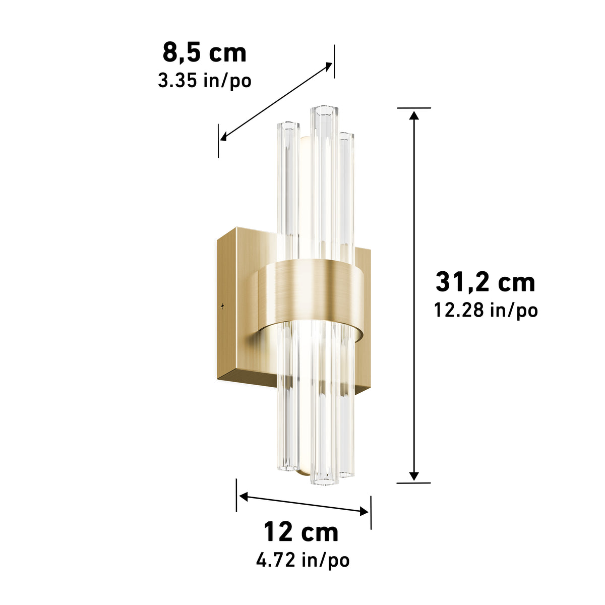 Gold wall sconce with clear vertical rods, dimensions labeled: 31.2 cm (12.28 in) tall, 12 cm (4.72 in) wide, and 8.5 cm (3.35 in) deep.
