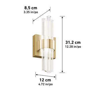 Artika Dorado contemporary LED wall sconce features a gold rectangular base, vertical glass rods, and adjustable colour temperature. Measures 31.2 cm H x 12 cm W x 8.5 cm D (12.28" x 4.72" x 3.35").