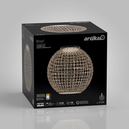 A black box featuring a photo of the spherical Benson LED pendant light 5 CCT is shown on the front, with Artika branding, model name, product specs, and icons displayed.