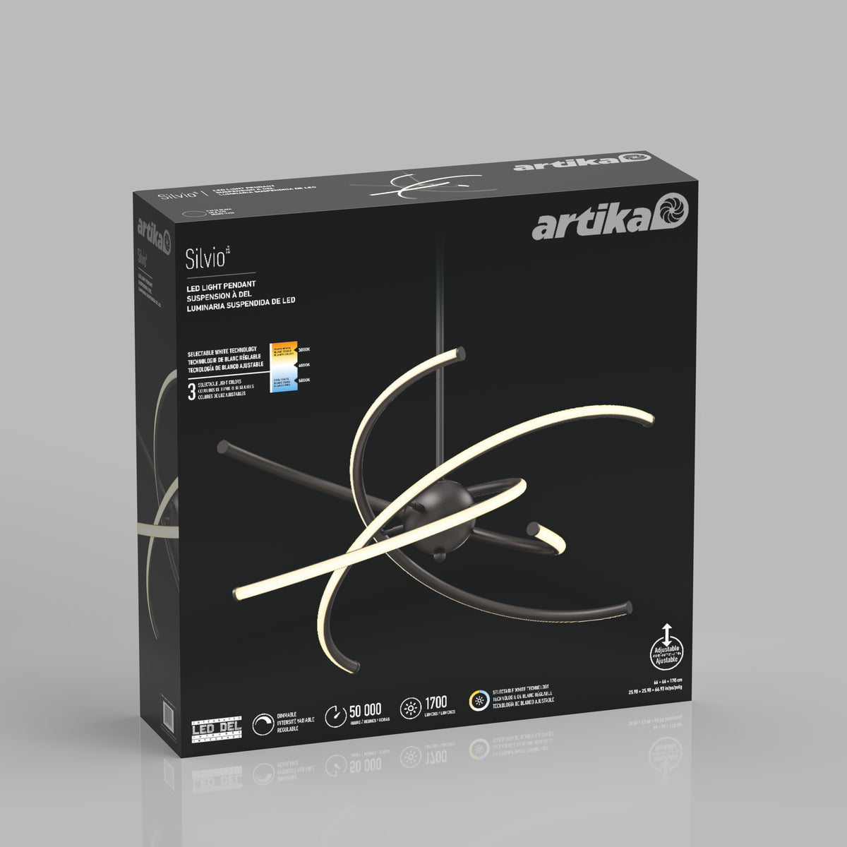 A black box displays the Artika Silvio LED light pendant, showing a modern, curved design with three illuminated arms. The box features product details and icons, set against a gray background.