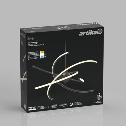 A black box displays the Artika Silvio LED light pendant, showing a modern, curved design with three illuminated arms. The box features product details and icons, set against a gray background.