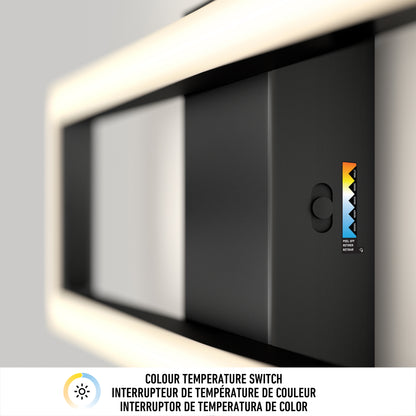 A close-up of the Artika Dover modern LED bathroom vanity lights 5 CCT wall-mounted switch with sliding control and indicator for adjustable color temperatures. Text below: Colour Temperature Switch (English & French).
