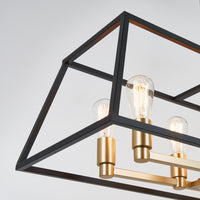 The Artika Carter Long 8-light chandelier features exposed bulbs, gold accents, and a striking geometric black metal design.