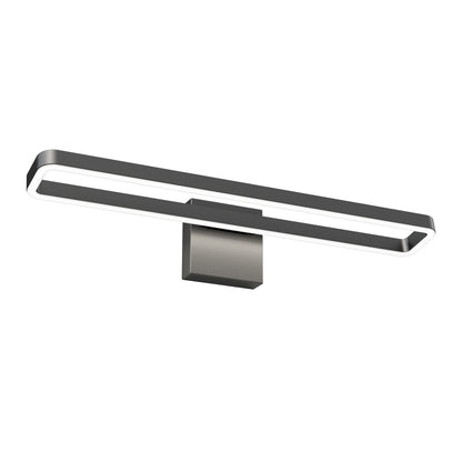 The Artika Hinge LED modern bathroom vanity light features a rectangular open-frame design in a metallic finish, mounted on a square base, and offers 3 selectable color temperatures.