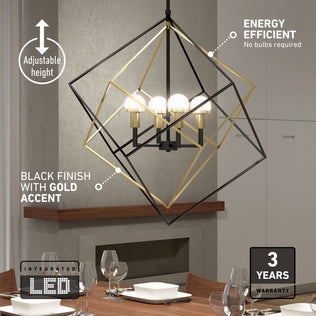 Illuminate your dining room with the Artika Peyton LED modern mid-century pendant light, featuring a black and gold metal frame, integrated energy-efficient LED bulbs, adjustable height, and a 3-year warranty.