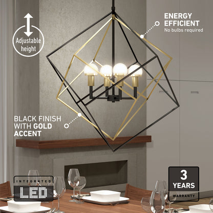 Illuminate your dining room with the Artika Peyton LED modern mid-century pendant light, featuring a black and gold metal frame, integrated energy-efficient LED bulbs, adjustable height, and a 3-year warranty.