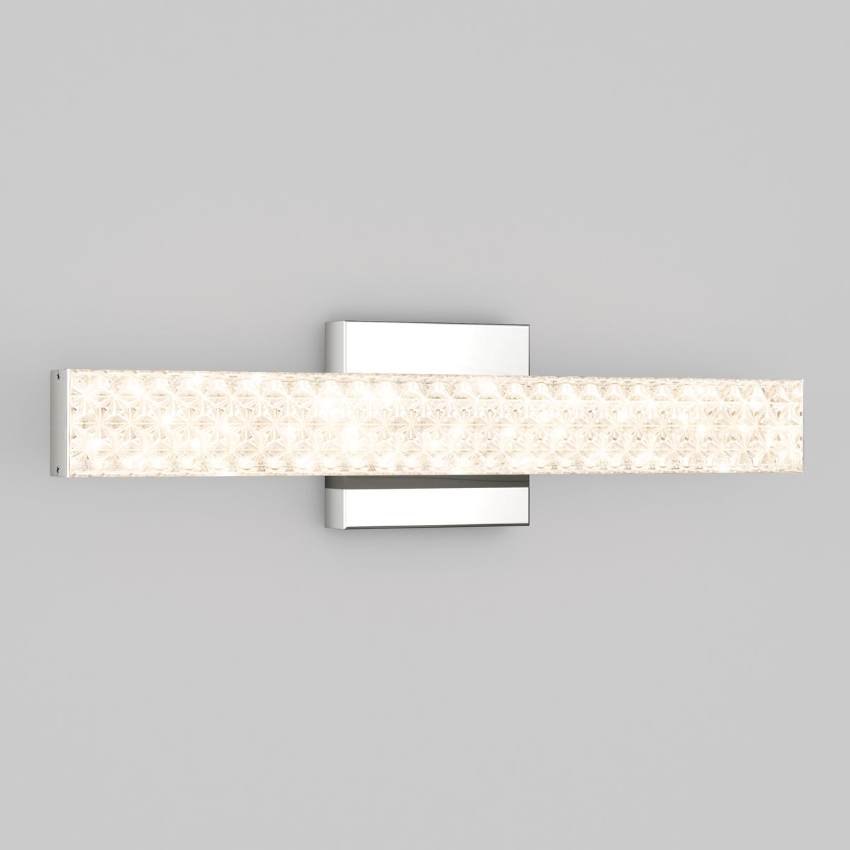 The Artika Adeline modern LED bathroom vanity light 3 CCT features a textured, illuminated panel and sleek metallic base for stylish lighting.
