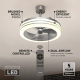 Ceiling fan with a circular LED light and brushed nickel finish, labeled as energy efficient, remote controlled, with dual airflow, 5-year warranty, and no bulbs required. Remote control featured below the fan.