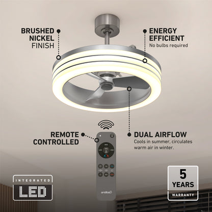 Artika Horizon 23 in. LED modern ceiling fan in brushed nickel features energy efficiency, dual airflow, integrated LED, 3 speeds, remote control, and a 5-year warranty.