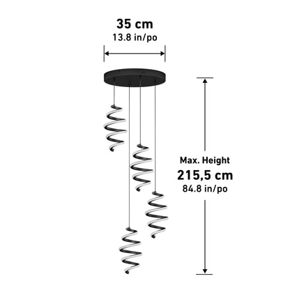 The Artika Chorus 4 Light LED Pendant 5 CCT features three spiral-shaped fixtures hanging from a round black base (35 cm/13.8 in wide) with a maximum height of 215.5 cm (84.8 in).