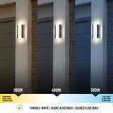 Three outdoor wall lights on garage exteriors show different color temperatures: 3000K (warm white), 4000K (neutral white), and 5000K (cool white). Text with temperature values appears below each light.
