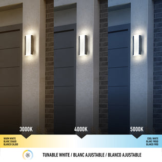 The Artika Blade indoor-outdoor LED wall light is displayed in three color temperatures—3000K warm white, 4000K neutral white, and 5000K cool white—each lighting a garage exterior with a unique ambiance.
