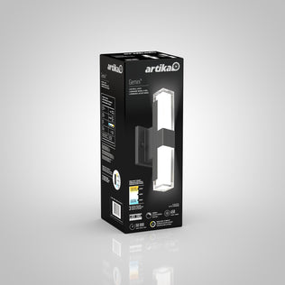 A black Artika box for the Gemini indoor-outdoor LED wall light displays images of the fixture, product details, energy efficiency info, and technical specs on a gray background.