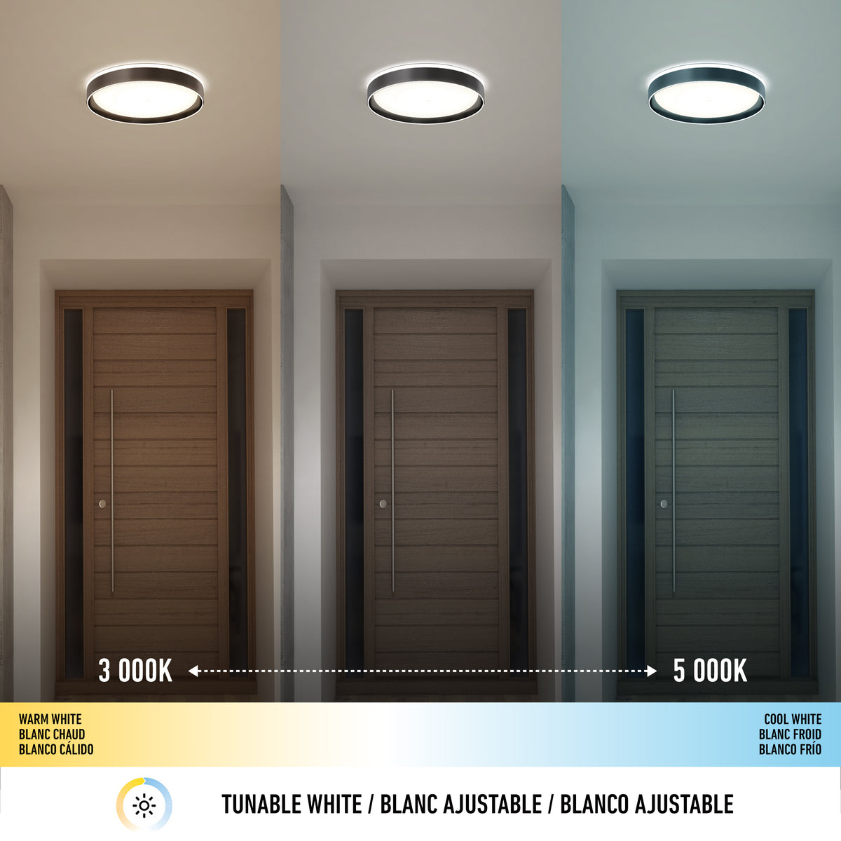 Three hallway images show the Artika Callisto 15 in. LED flush mount light (5 CCT) at different color temps: warm white (3000K) left, neutral center, and cool white (5000K) right. A scale below displays the color range.