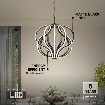 Meridian LED pendant light in matte black with an energy-efficient design and a five-year warranty.